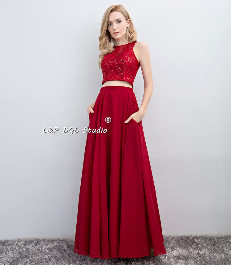 Chiffon Country Bridesmaid Dresses Two Pieces Long Floral Lace Top Wedding Party Dresses with Pockets Prom Gowns Dark Navy,Pink,Blush