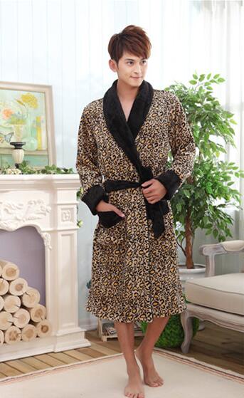 Wholesale- New Winter women and men's high quality Coral fleece bathrobe leopard Robe Men sleepwear night-gown Plus Size Free