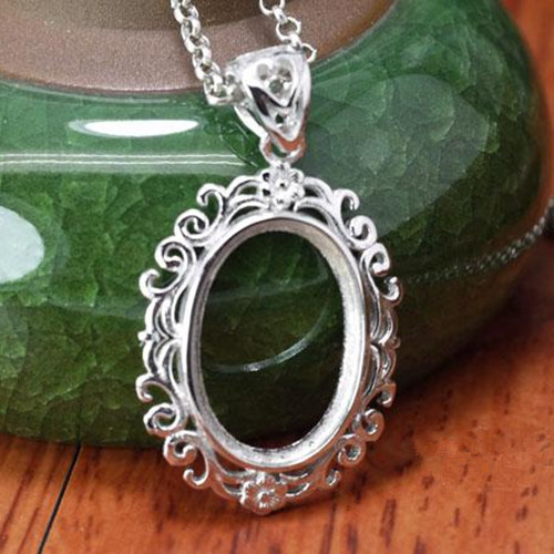 925 Setting Sterling Silver Women Pendant Art Nouveau 13x18mm Oval Cabochon Semi Mount Pendant Plated White Gold Generous Jewelry