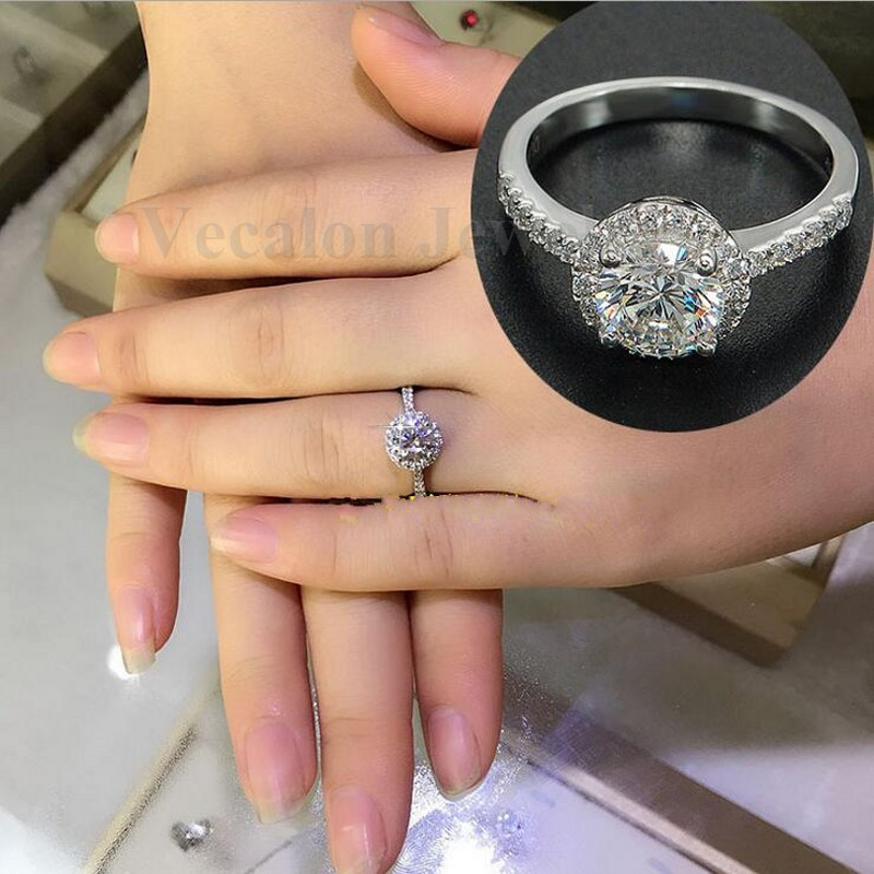 Vecalon Genuine Women Jewelry ring 2ct Simulated diamond Cz 925 Sterling Silver Engagement wedding Band ring for women Gift