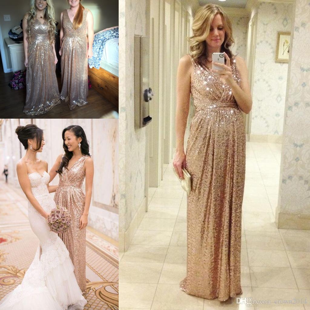 2022 Bling Rose Gold Sequins Bridesmaid Dresses Plus Size Sexy V neck A Line Wedding Party Dress Pageant Formal Bridesmaids Gowns Custom