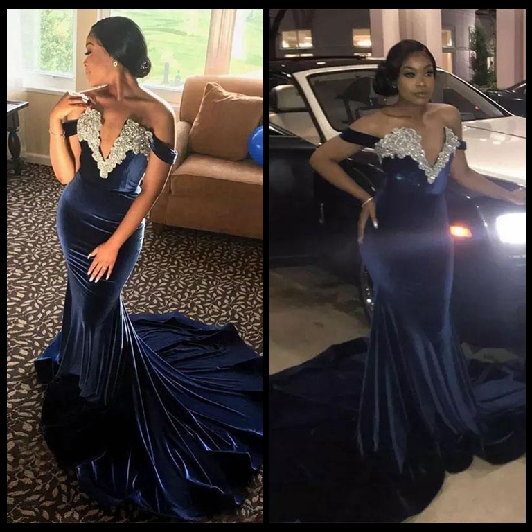 Dark Blue Velvet Mermaid Dresses Evening Wear Beaded Off The Shoulder Deep V Neck Prom Gowns Appliqued Sweep Train Formal Dress, Hunter
Dark Blue Velvet Mermaid Dresses Evening Wear Beaded Off The Shoulder Deep V Neck Prom Gowns Appliqued Sweep Train Formal Dress, Hunter