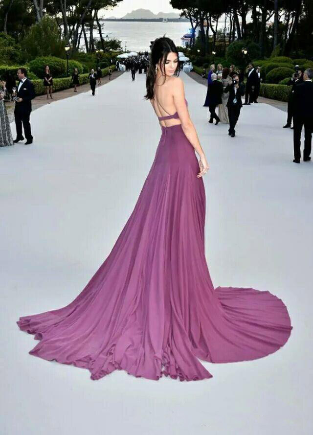 2016 Kendall Jenner Sexy Grape Spaghetti Two Pieces Backless Evening Dresses Sweep Train A Line Formal Red Carpet Celebrity Dresses