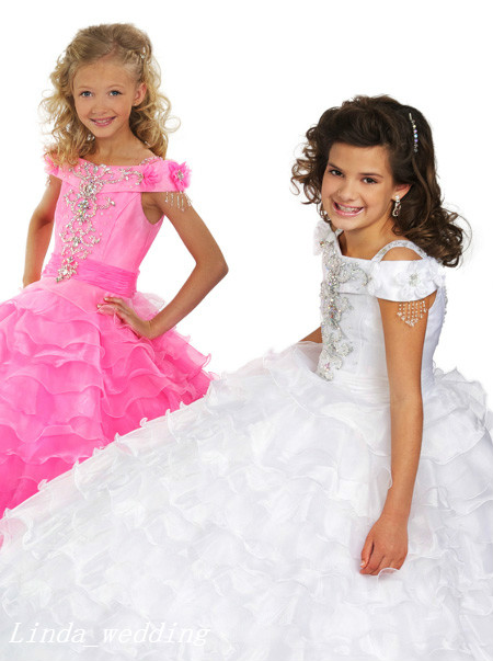 Blue Pink White Girl's Pageant Dress Princess Beaded Ruffles Party Cupcake Prom Dress For Short Girl Pretty Dress For Little Kid
