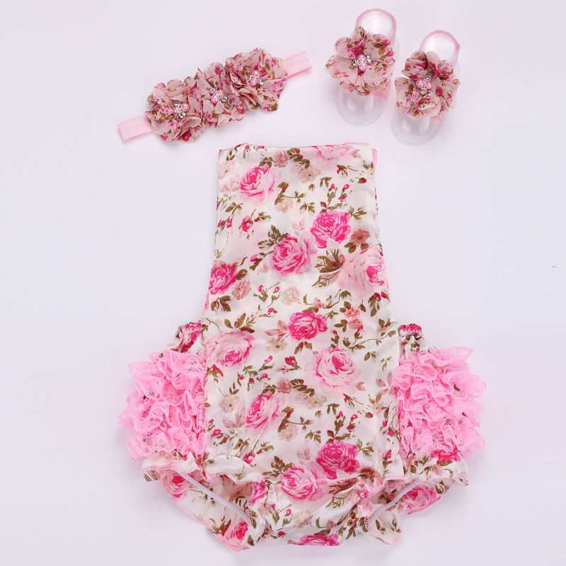 HOT Floral baby lace romper for toddler headband shoe set;ropa bebe boutique infant summer clothes;newborn baby girl clothes 2sets/
