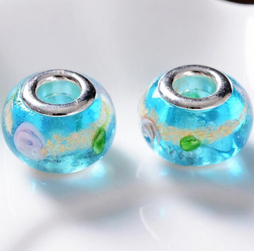 100pcs Lot Fashion Round Foil Flower Lampwork Glass Big hole Beads Fit European Charm Bracelet DIY Jewelry Gift GB06