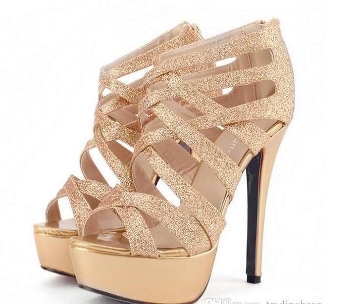 Glitter Women High Heels Gold Dress Sandals Crossover Strappy Gladiator