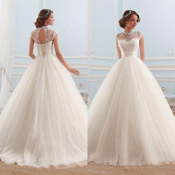 Charming Ball Gown Wedding Dresses Sheer High Neck Cap Sleeves Lace Top Cheap Full Length Bridal Gowns Keyhole Back Lace-up Custom Made, Champagne
Charming Ball Gown Wedding Dresses Sheer High Neck Cap Sleeves Lace Top Cheap Full Length Bridal Gowns Keyhole Back Lace-up Custom Made, Champagne