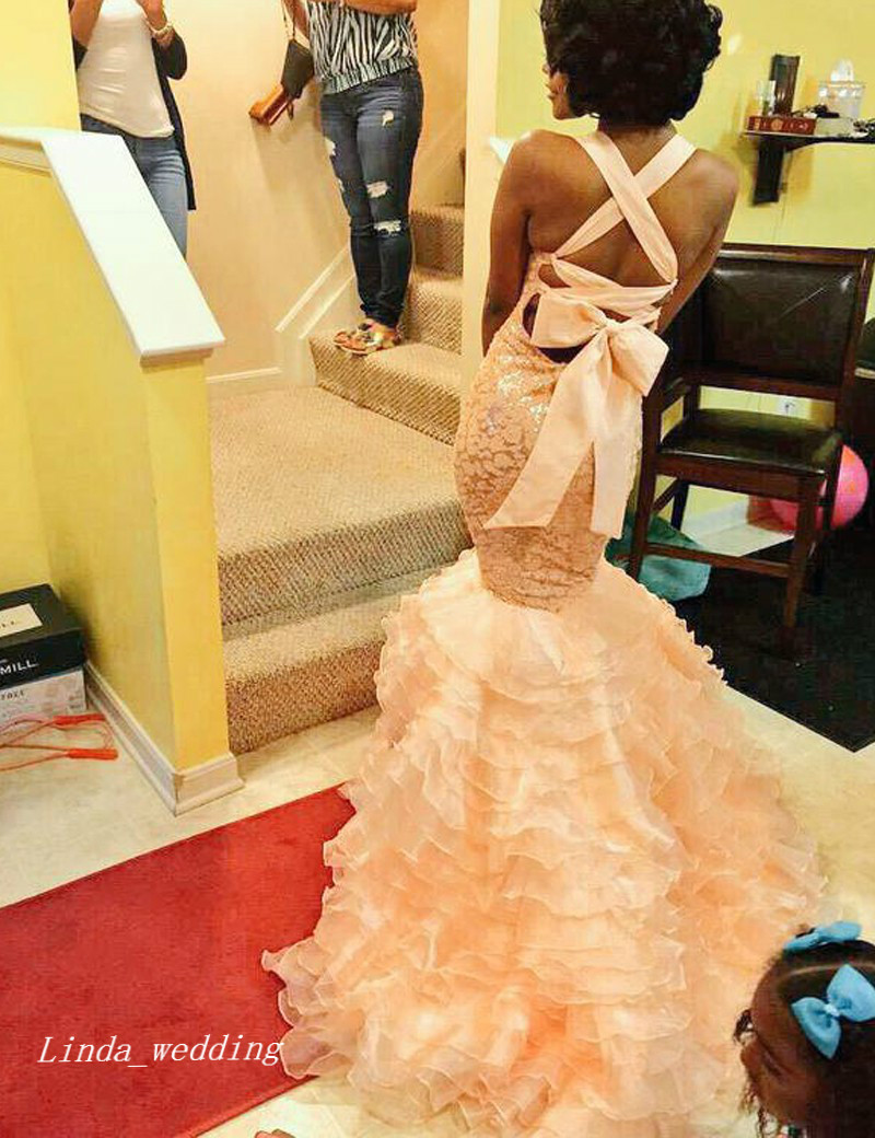2019 Sexy Mermaid Prom Dress High Quality Halter Ruffles Organza Lace Long African Special Occasion Dress Formal Evening Party Dress