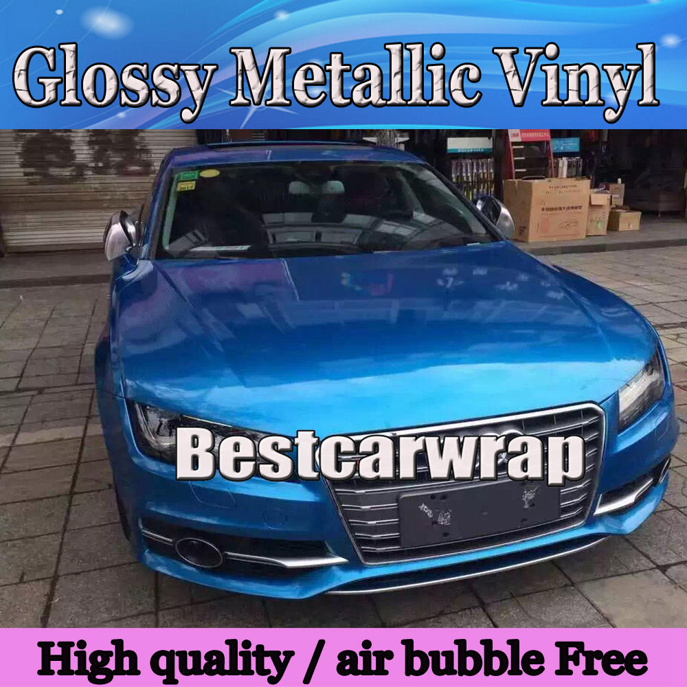 Midnight Metallic Gloss blue Vinyl Car wrap sticker With Air Bubble Free Shiny Glossy blue wrap film Vhicle covering foil :1.52*20M/Rol l
