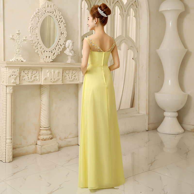 Beaded Crystal Long Chiffon Bridesmaid Dress With Scoop Neckline 2019 Yellow Bridesmaid Gowns For Wedding Party