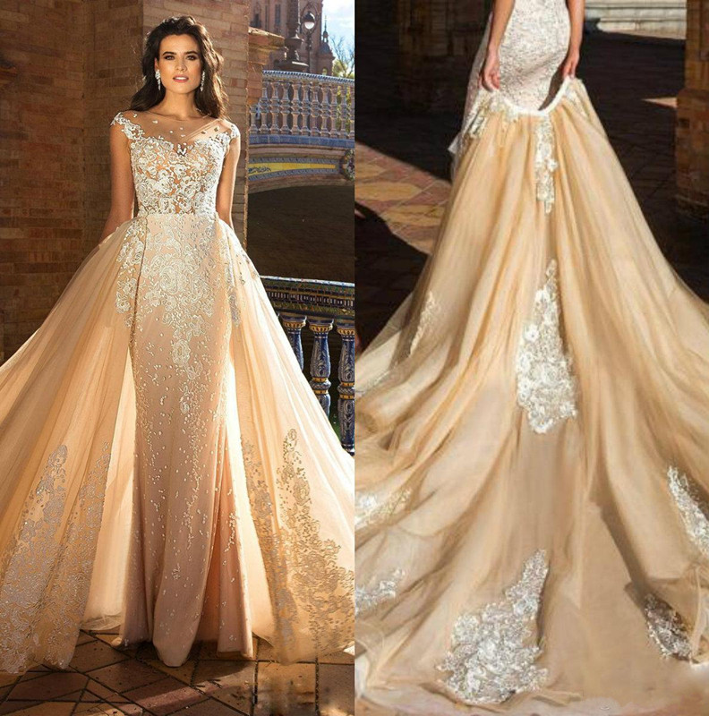 Champagne Wedding Dresses With Detachable Skirt Sheer Jewel Lace Zuhair Murad Wedding Dress Custom Made Mermaid Bridal Gowns
Champagne Wedding Dresses With Detachable Skirt Sheer Jewel Lace Zuhair Murad Wedding Dress Custom Made Mermaid Bridal Gowns