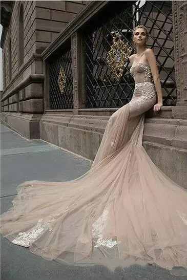 Inbal Dror Champagne Mermaid Wedding Dresses Luxury Beaded Sweetheart Boning Fishtail Country Wedding Gowns Cathedral Train Plus Size Bridal