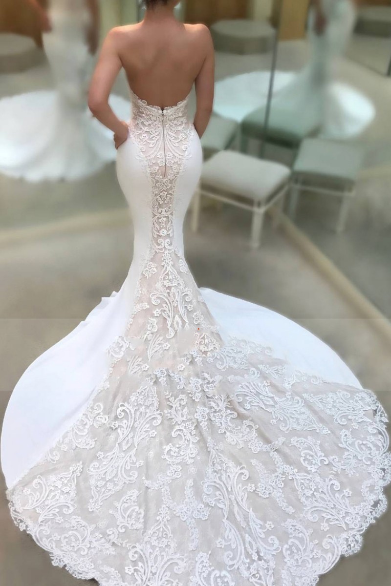 Sexy Mermaid Wedding Dresses Saudi Arabic Sweetheart Neck Lace Bridal Gowns With Sweep Train Backless Wedding Dress Custom Made