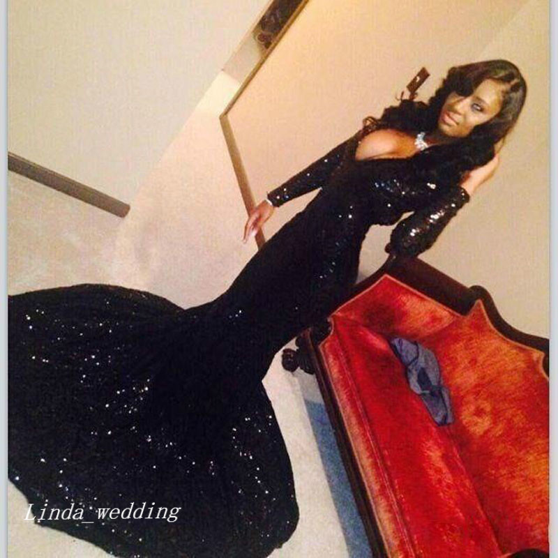 2019 Black Sequined Prom Dress High Quality Long Sleeves Special Occasion Dress Formal Evening Party Dress