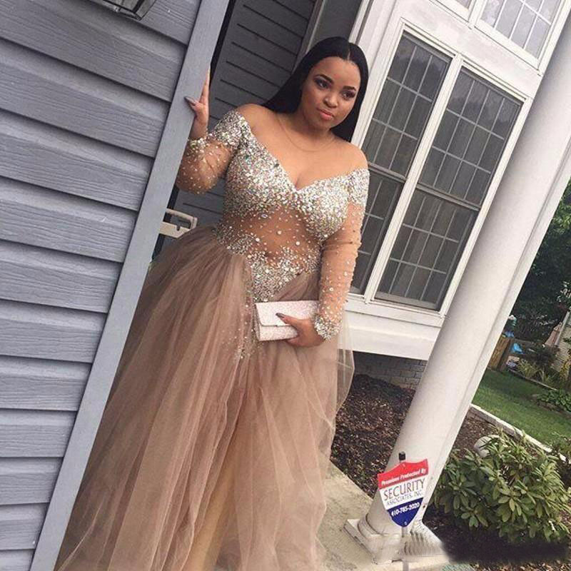 Plus Size Prom Dresses 2016 Sexy Sheer Off Shoulder V Neck Illusion Long Sleeve Crystal Beaded Tulle Evening Dress Custom Made EN7155