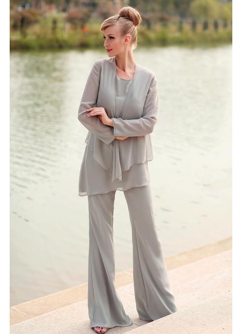 Silver Gray Chiffon Jewel Irregularly Wide Mother Of Bride Pant Suits With Long Sleeve Jacket Plus Size Custom Made EN7276