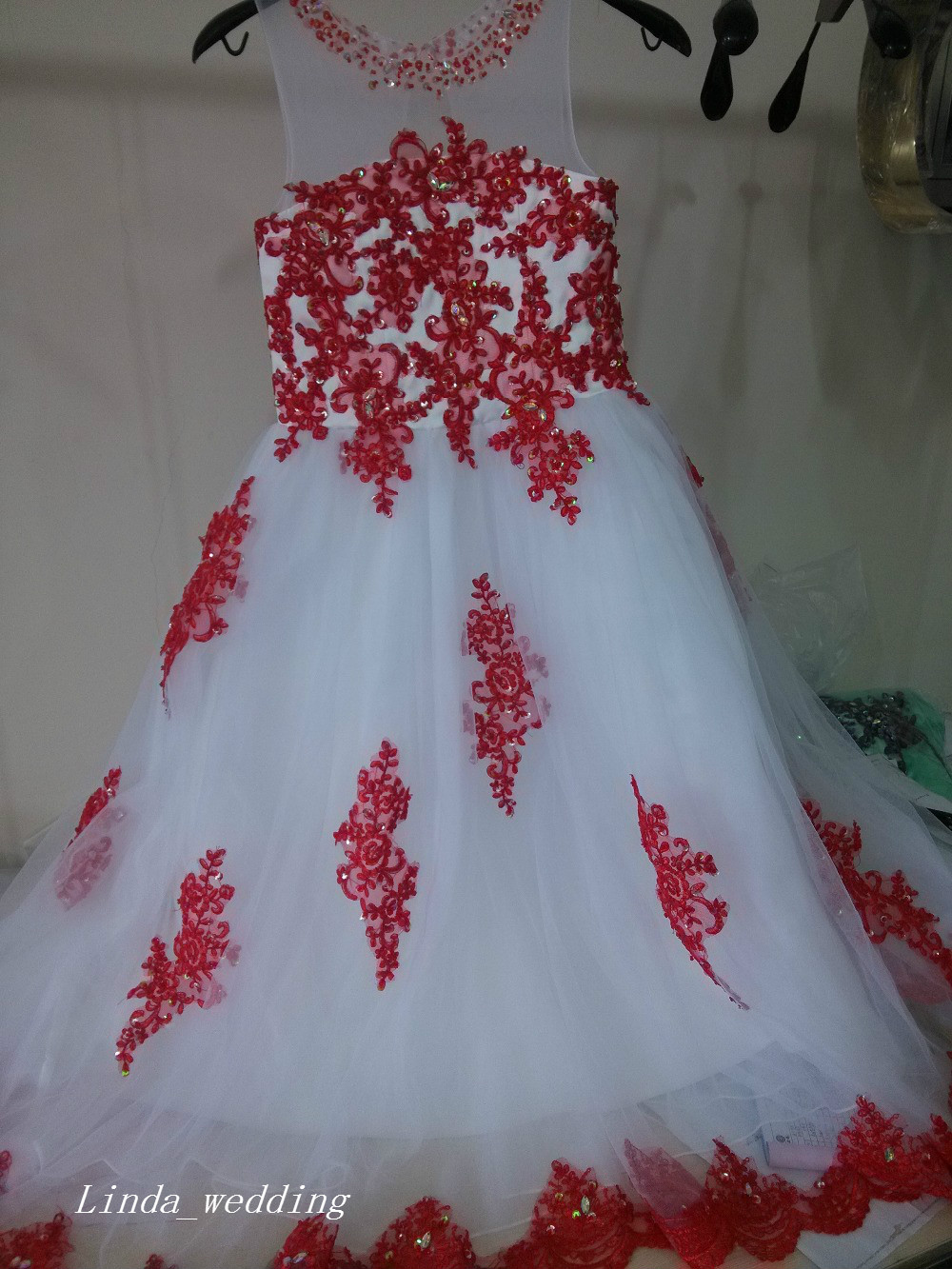 Cute White and Red Girl's Pageant Dress Princess Ball Gown Tulle Party Cupcake Pretty Little Kids Queen Flower Girl Dress