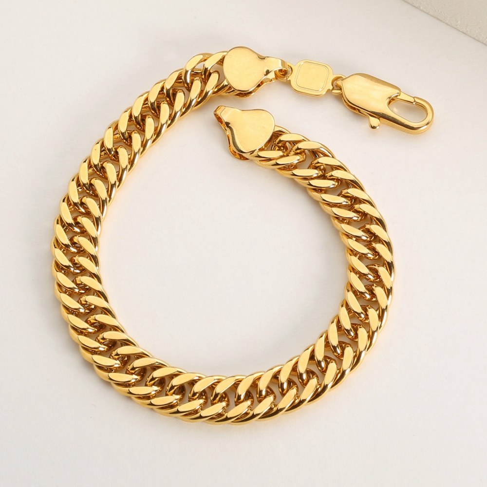 Thick Chain Bracelet 18k Yellow Gold Filled Mens Bracelet Double Curb Chain 9"