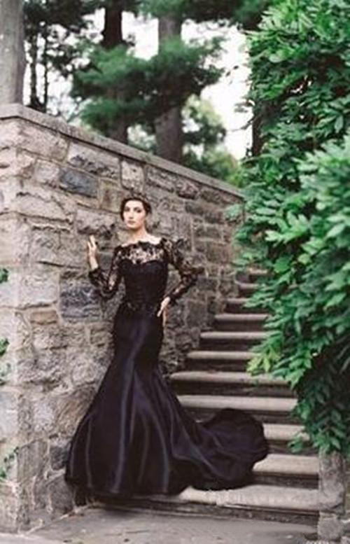 Vintage 2016 Black Lace And Taffeta Mermaid Wedding Dresses Gothic Bateau Illusion Long Sleeves Beaded Long Bridal Gowns Custom Made EN92311
