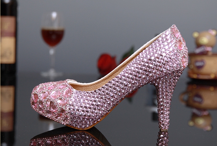 2021 New Arrival Pink Wedding Shoes with Heavy Rhinestones High Heels 14cm 12cm 10cm 8cm Large Size Beautiful Party Shoes