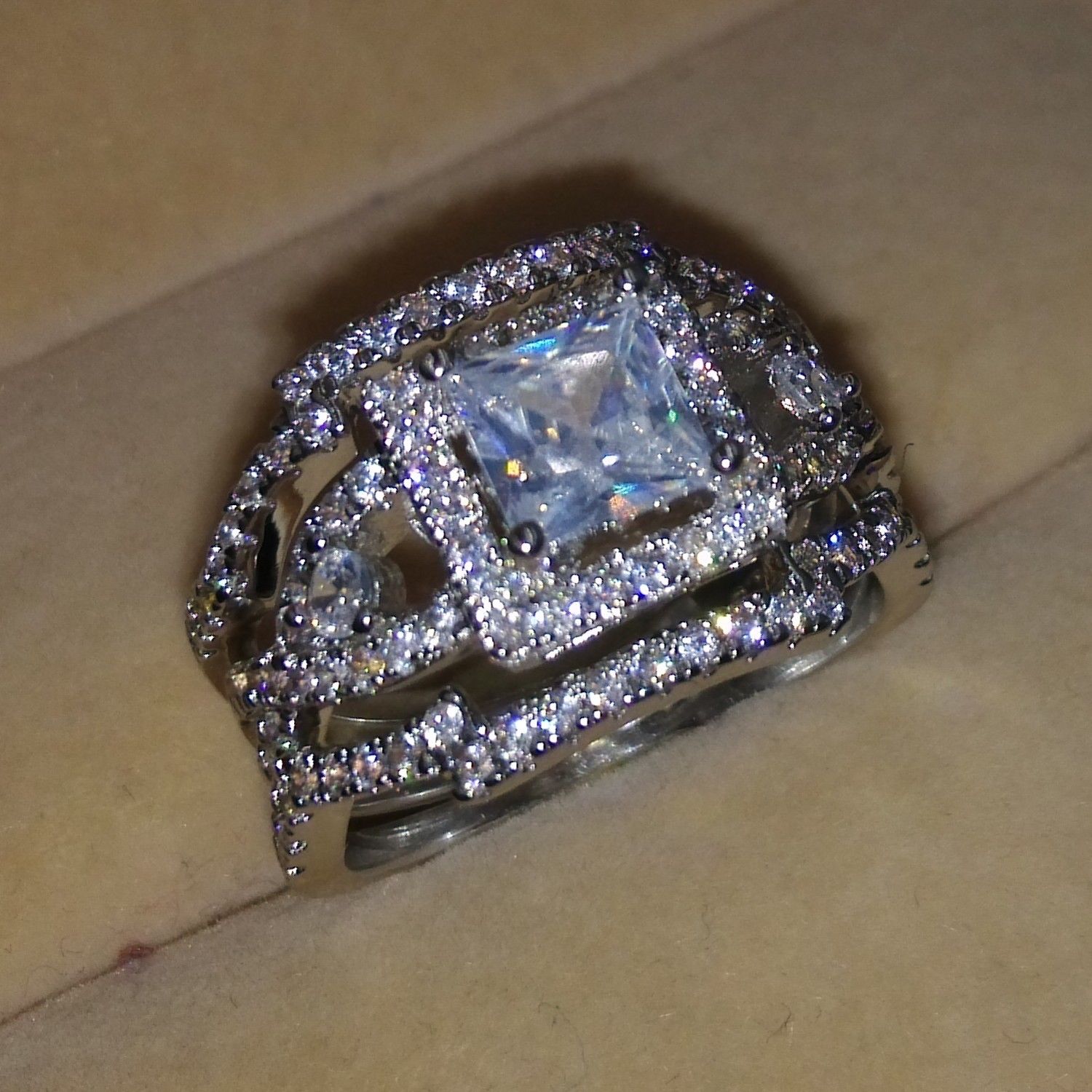 Vintage Princess Cut Sterg Sier Wedding Engagement Band Ring with Simulated Dias