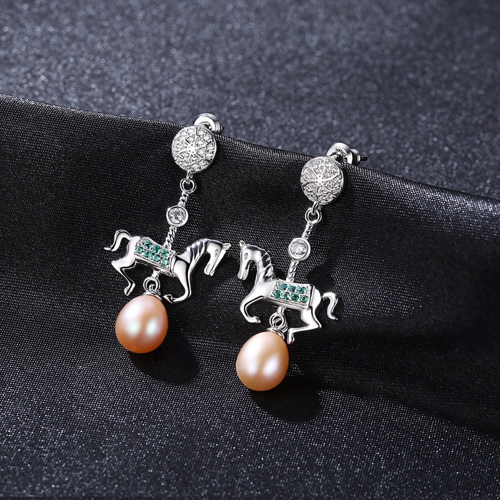 PAG&MAG 925 Sterling Silver Fashion Creative Color Carousel Drop Earrings For Girl Natural Pearl Pendant Earrings Women Jewelry