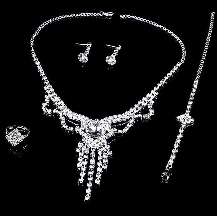 Four pcs jewelry set Crystal Wedding Crown Earrings Necklace Tiaras rings bracelet Accessories one set include four pcs HT123