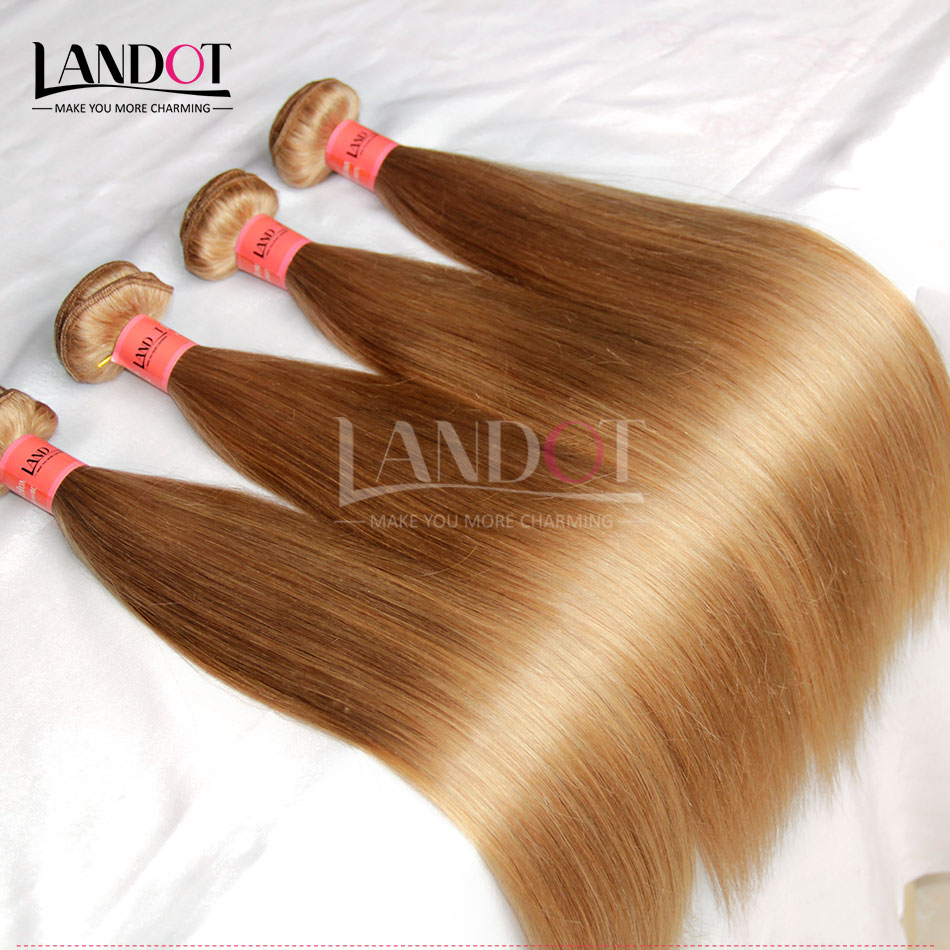 Honey Blonde Brazilian Human Hair Weave Bundles Color 27# Peruvian Malaysian Indian Eurasian Russian Silky Straight Remy Hair Extensions