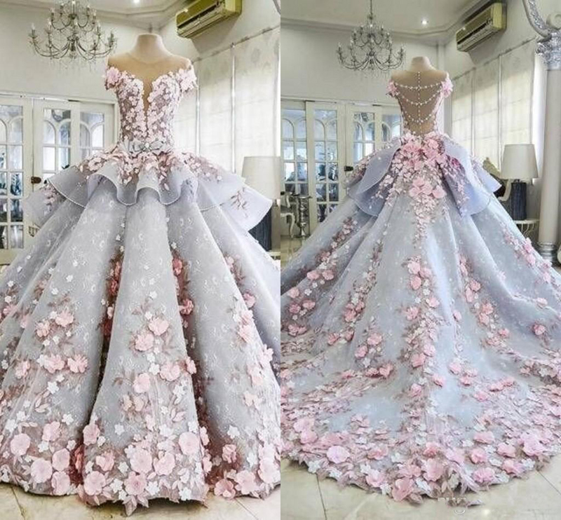 2017 maktumang Wedding Dresses Gorgeous Sheer Neckline Appliques Short Sleeves Bridal Dress Peplum Sheer Back Covered Button Wedding Gowns