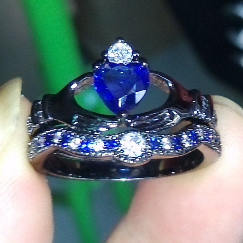 Heart Jewelry Sterg Sier Black Gold Plated Blue Sapphire CZ Dia Bridal Ring Size 5-11