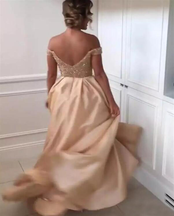 Arabic Dubai Champagne Beaded Off Shoulder A-line Bridesmaid Dresses Taffeta Ruched Long Wedding Guest Gown Custom Made China EN102422