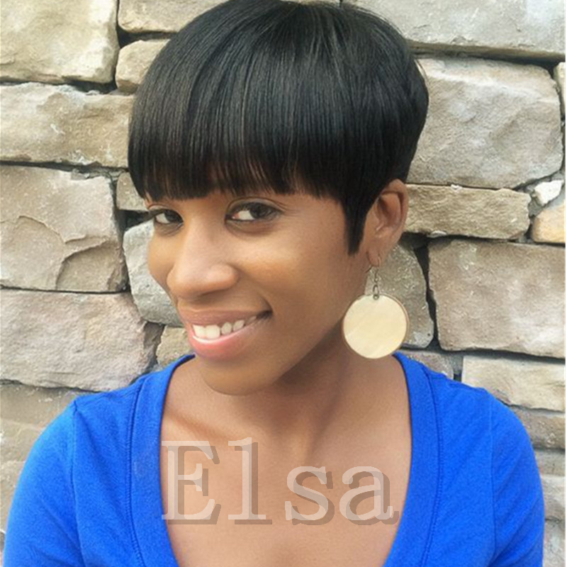 

Pixie Full machine made Human Malasian Hair Wig With Baby Glueless Short Brazilian Straight None Lace Front Wigs for Black Women, Natural color