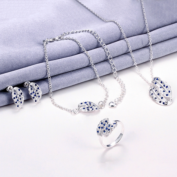 Hot sale fashion 925 silver feather necklace bracelet earring ring a famliy of four jewelry sets STSS074A sterling silver blue gemstone