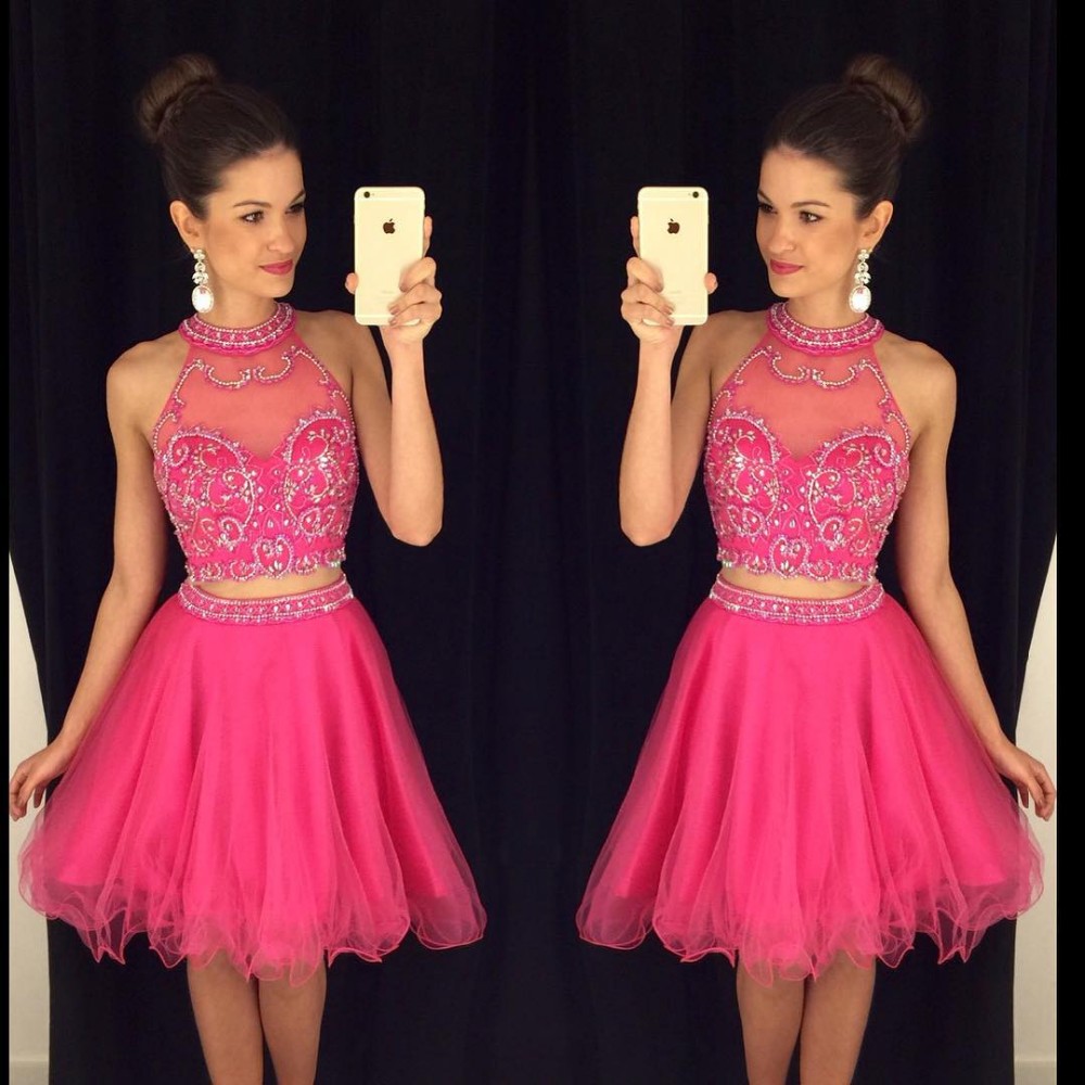 Fuchsia Crystal Two Pieces Prom Dress Short Tulle Skirt A-line Halter Homecoming Dresses Evening Party Dress, Brown
Fuchsia Crystal Two Pieces Prom Dress Short Tulle Skirt A-line Halter Homecoming Dresses Evening Party Dress, Brown