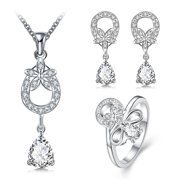 Wedding fashion 925 silver necklace earring ring a famliy of three jewelry three drop sets STSS091B sterling silver purple gemstone rings
