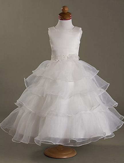 2022 Princess Dresses White Little Girls Fashion Square Neckline Layered Tea-length Beaded Satin Organza Ball Gown Flower Girl Dresses