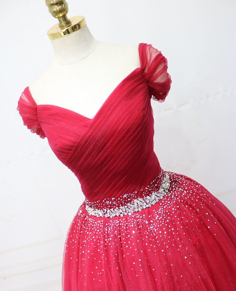 Dark Red Short prom Dresses Off Shoulder Lace-up Back Pleats Tulle with Sparkling Beads Sequins Royal Blue,Black,Burgundy,Lavender Evening