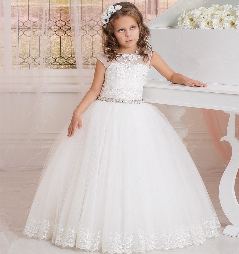 New Flower Girl Dresses Spring Vintage Jewel Sash Lace Net Baby Girl Birthday Party Christmas Communion Dresses Children Girl Party Dresse