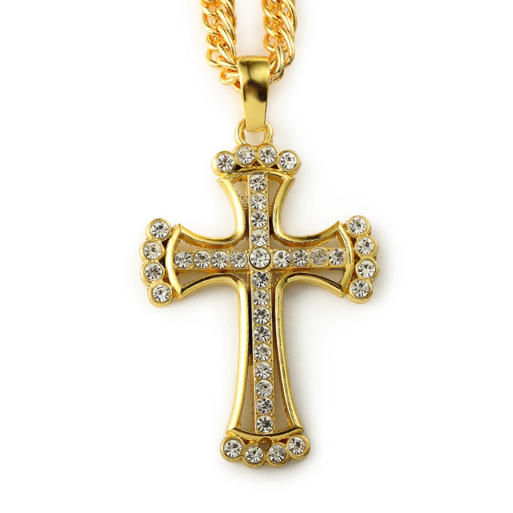 Iced Out Cross Pendant 18k Yellow Gold Filled Mens Crucifix Pendant Chain Necklace