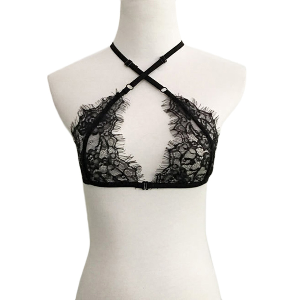 Wholesale-Summer Fashion Lace Hollow out Women Bra Sexy Halter top lingerie cropped bralette Cross Strap push up haut bustier Y1