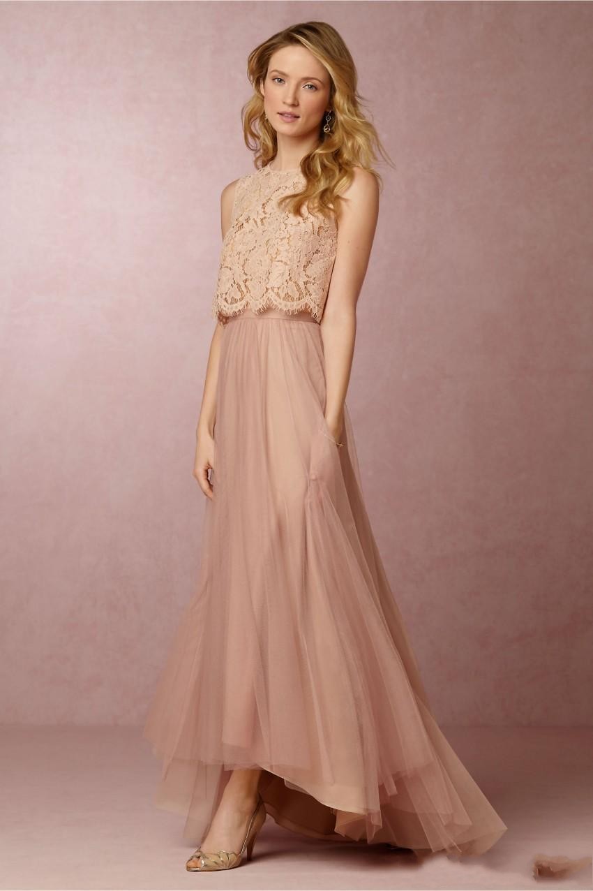 2020 Vintage Blush Pink Two Pieces Bridesmaid Dresses Lace Crop High Low Beach Bridesmaid Dresses Wedding Party Gowns Custom Made