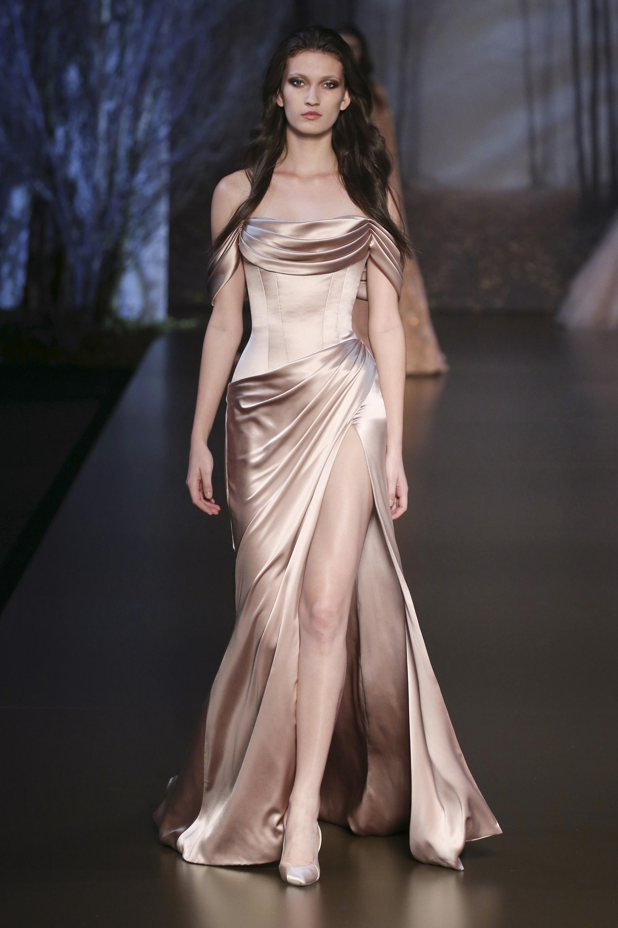 Sexy 2019 Mermaid Evening Dresses Long Rose Gold Elastic Silk Like Satin Off Shoulder Neck Sheath Side Split Formal Evening Gowns Women