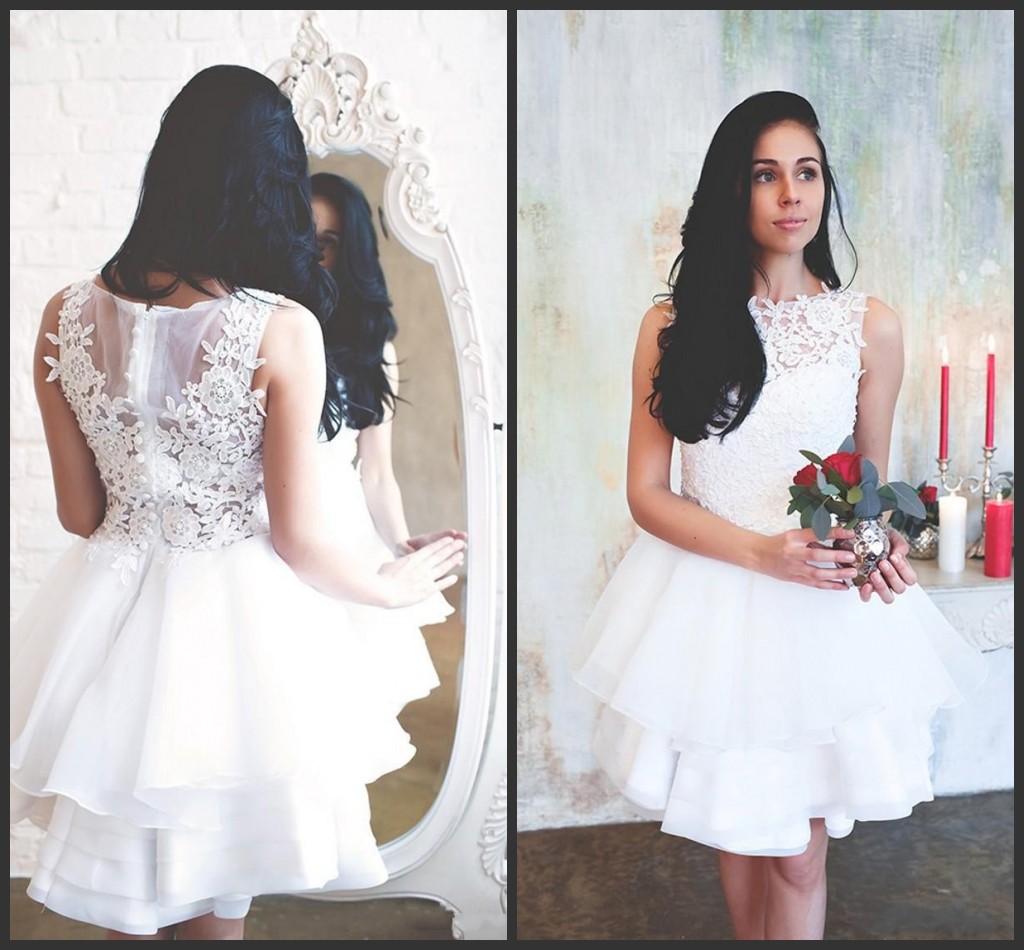 Organza 2017 Wedding Dresses Short Mini Jewel Neck Lace Appliques Flowers Beaded Illusion Button Back Tiered Ruffles Plus Size Bridal Gowns, Ivory
Organza 2017 Wedding Dresses Short Mini Jewel Neck Lace Appliques Flowers Beaded Illusion Button Back Tiered Ruffles Plus Size Bridal Gowns, Ivory
