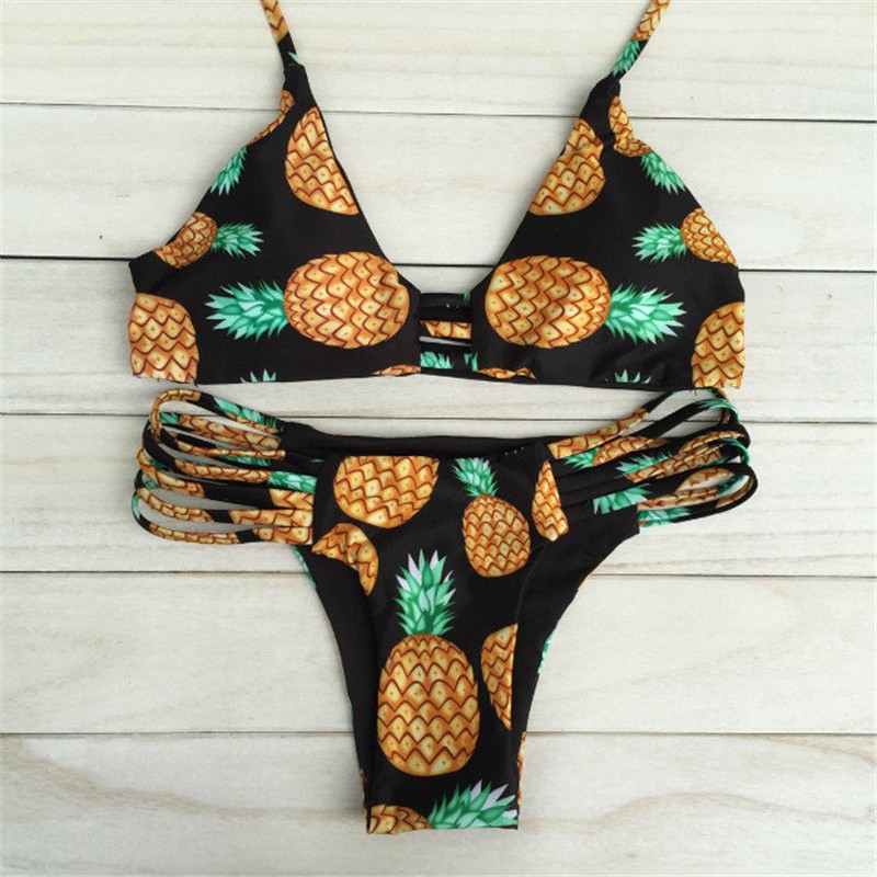 Reversible Pineapple Printed Bikinis Set For Women Swimwear Beachwear Bathing Suit Free Shipping