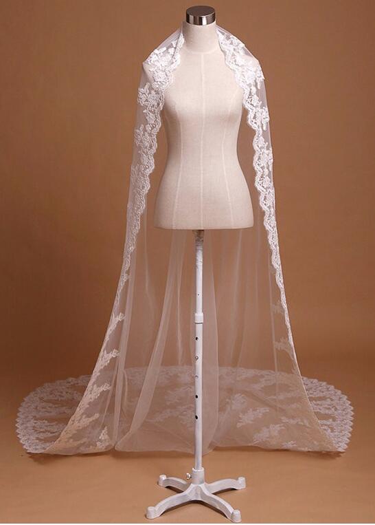 Bridal Veils Three Meters Long Veils Lace Applique Crystals Cathedral Length