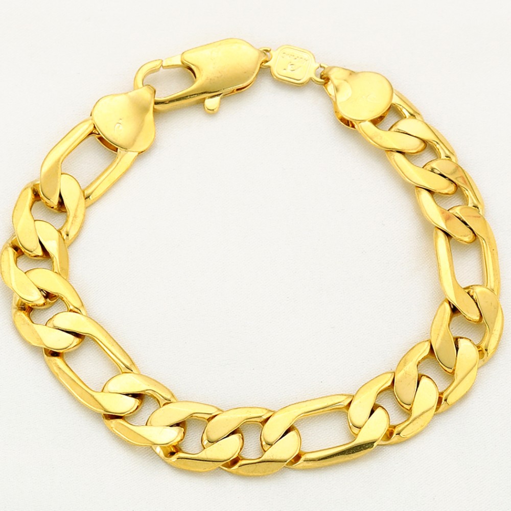 Thick Figaro Bracelet 18k Yellow Gold Filled Bracelet For Women Men 22cm Long