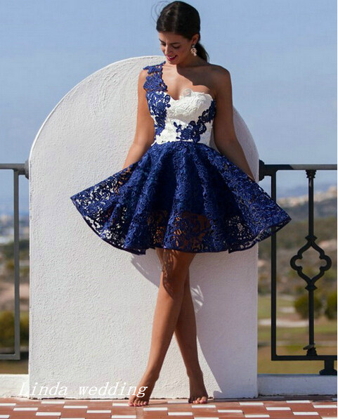 Short Navy Blue And White Cocktail Dress High Quality One Shoulder Lace Women Wear Evening Dresses Party Prom Dresses