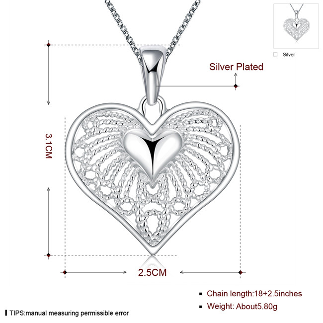 Brand new women's heart shape hollow Pendant Necklace sterling silver plate necklace ,hot sale fashion 925 silver necklace christmas gift
