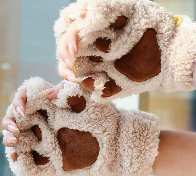 Ladies Winter Fingerless Gloves,Fluffy Bear Cat Plush Paw Claw Half Finger Glove,Soft Half Covered Women Female Gloves Mittens